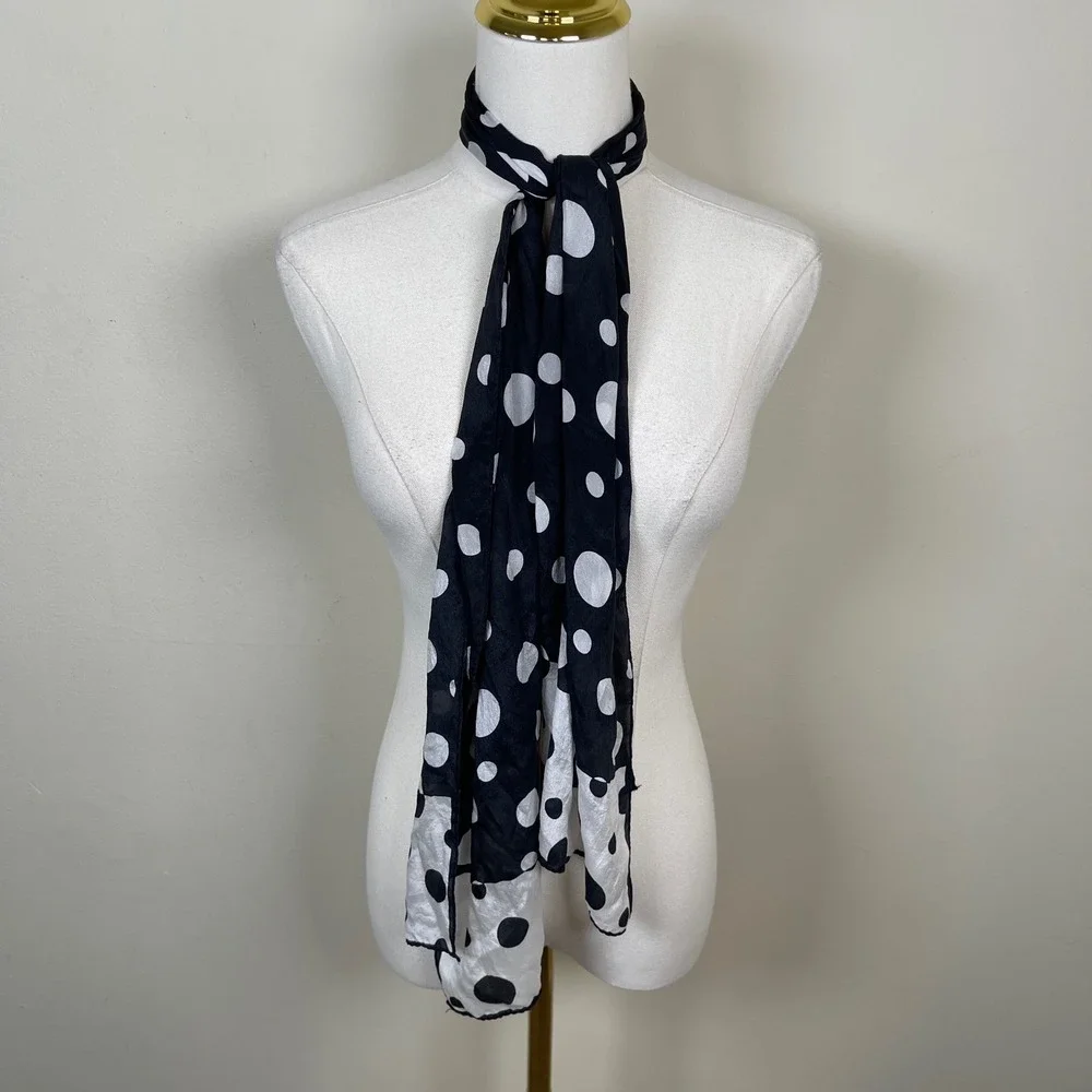 Vintage Silk Polka Dot Scarf Black White Sheer Lightweight Retro Mod Rockabilly